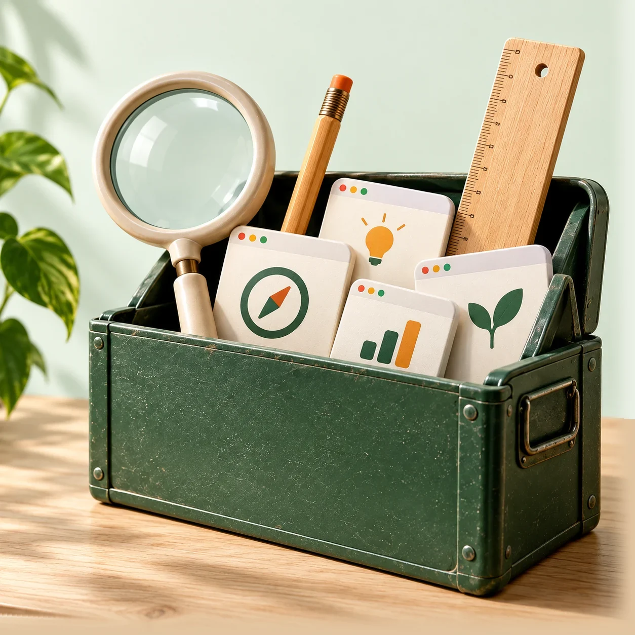 Una cassetta degli attrezzi verde con lente, matita, righello e schede: il banco di lavoro di Spiegamelo Facile.